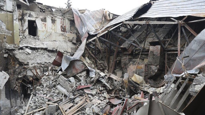 A view of the Mariupol theater damaged during fighting in Mariupol, in territory under the government of the Donetsk Peoples Republic, eastern Ukraine, Monday, April 4, 2022. (AP Photo/Alexei Alexandrov)