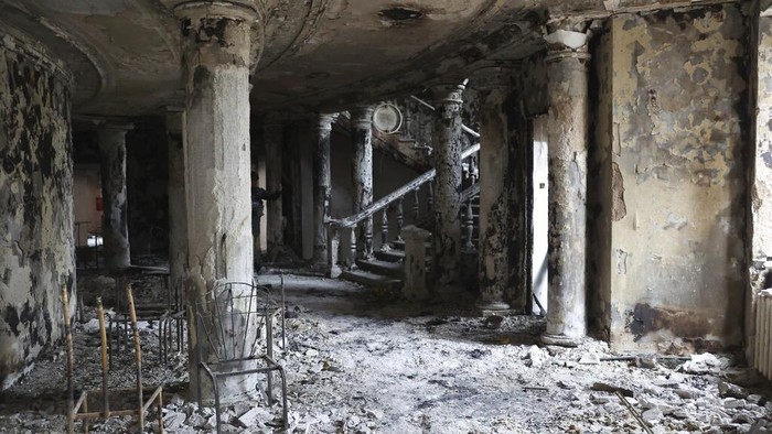 A view of the Mariupol theater damaged during fighting in Mariupol, in territory under the government of the Donetsk Peoples Republic, eastern Ukraine, Monday, April 4, 2022. (AP Photo/Alexei Alexandrov)