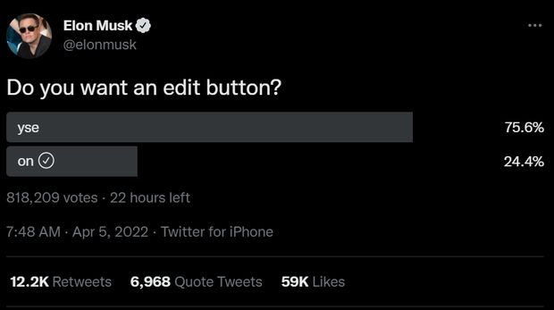 Elon Musk membuat polling di Twitter yang menanyakan pengguna tentang tombol edit