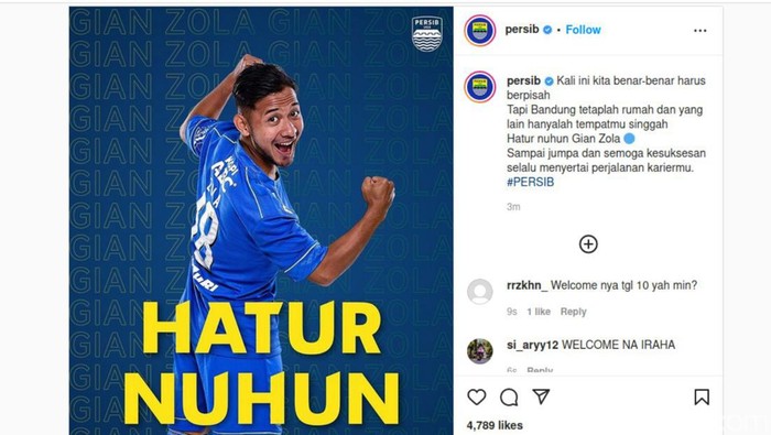 Pengumuman Gian Zola tinggalkan Persib.
