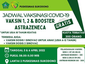 Jadwal Vaksinasi COVID-19 di Puskesmas Sukodono Sidoarjo