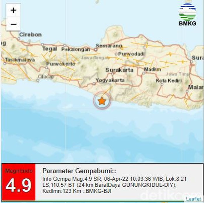 gempa gunungkidul m 4,9 terasa kuat di pacitan