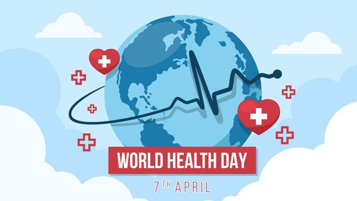 Hari Kesehatan Sedunia World health day with Heart rhythm wave around circle globle world and cross in red heart sign on sky vector design