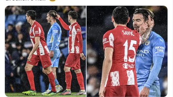 Ada pula yang menyoroti tingkah pemain Atletico senang memainkan rambut Jack Grealish. Foto: Twitter