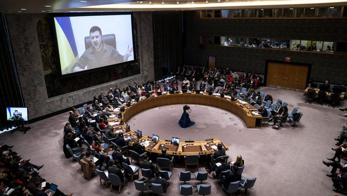 Ukrainian President Volodymyr Zelenskyy speaks via remote feed during a meeting of the UN Security Council, Tuesday, April 5, 2022, at United Nations headquarters. Zelenskyy will address the U.N. Security Council for the first time Tuesday at a meeting that is certain to focus on what appear to be widespread deliberate killings of civilians by Russian troops. (AP Photo/John Minchillo)