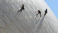 Begini aksi para staf oeprasi gedung Sydney Opera House saat melakukan pemeliharaan dan perawatan.
