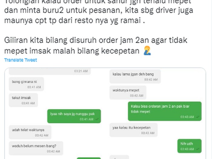 Driver Ojol Curhat Kesal Karena Disuruh Buru-buru Saat dapat Pesanan Pelanggan Sudah Mendekati Waktu Imsak.