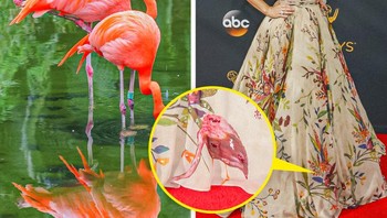 Corak gaun Kristen Bell memiliki corak hewan Flamingo. Foto: Brightside