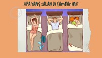 Teka-teki terakhir mencari hal janggal di gambar. Apa nih yang salah dari cara tidur tiga orang ini?