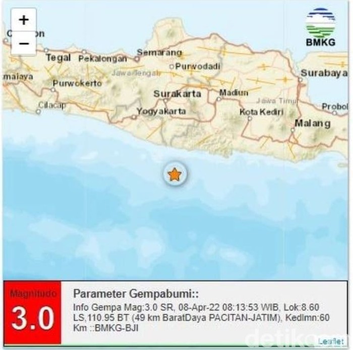 Gempa bumi berkekuatan magnitudo 3.0 terjadi di Pacitan, Jatim