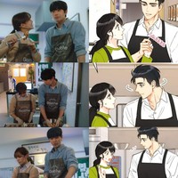 Ini adegan romantis yang juga diadaptasi dari webtoon The Official Blind Date. Kang Tae Mu membantu Shin Ha Ri memasak di restoran ayam goreng keluarganya. Foto: Instagram