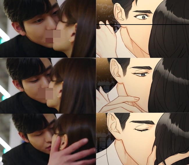 Shin Ha Ri menginisiasi ciuman pertamanya dengan Kang Tae Mu setelah mendengar pernyataan cintanya. Pewaris GO Food itu tampak terkejut seperti dalam webtoon aslinya The Official Blind Date. Foto: dok. Instagram