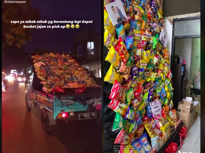 Wanita diberi hadiah berupa buket jajan semobil pick up