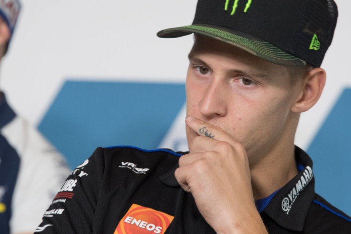 MISANO ADRIATICO, ITALY - SEPTEMBER 18: Fabio Quartararo of France and Monster Energy Yamaha MotoGP Team looks on during the press conference at the end of the qualifying practice during the MotoGP Of San Marino - Qualifying at Misano World Circuit on September 18, 2021 in Misano Adriatico, Italy. (Photo by Mirco Lazzari gp/Getty Images)