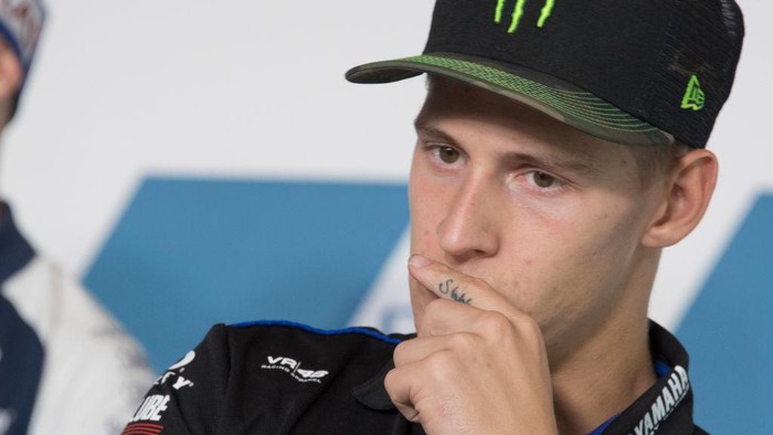 MISANO ADRIATICO, ITALY - SEPTEMBER 18: Fabio Quartararo of France and Monster Energy Yamaha MotoGP Team looks on during the press conference at the end of the qualifying practice during the MotoGP Of San Marino - Qualifying at Misano World Circuit on September 18, 2021 in Misano Adriatico, Italy. (Photo by Mirco Lazzari gp/Getty Images)