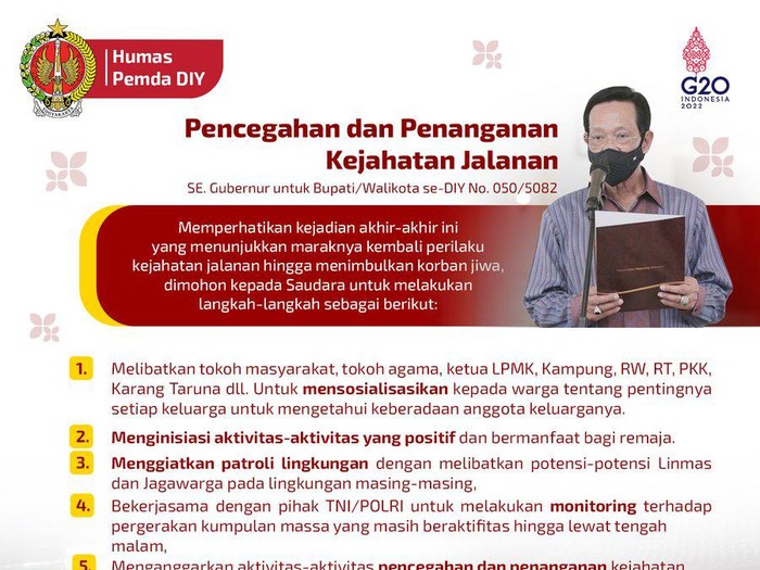 Gubernur Daerah Istimewa Yogyakarta (DIY) Sri Sultan Hamengku Buwono X menerbitkan Surat Edaran (SE) terkait kejahatan jalanan atau yang marak disebut klithih di Jogja, Jumat (9/4/2022).