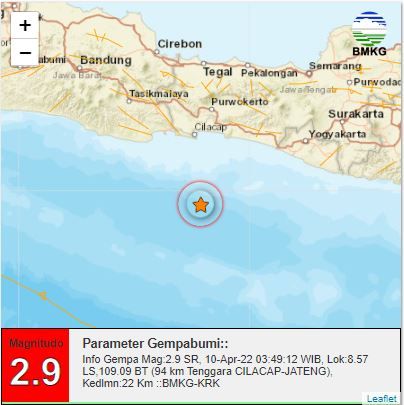 Gempa bermagnitudo 2,9 terjadi di sebelah tenggara Cilacap Jawa Tengah, Minggu (10/4/2022).