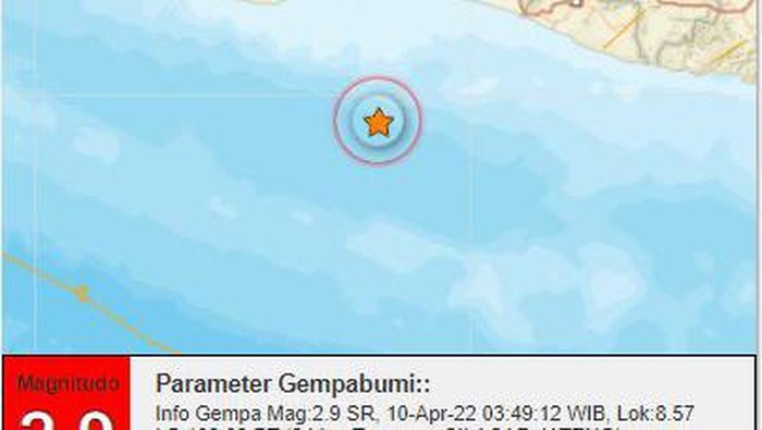 Gempa bermagnitudo 2,9 terjadi di sebelah tenggara Cilacap Jawa Tengah, Minggu (10/4/2022).