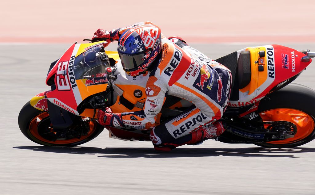 Marc Marquez (93), of Spain, steers through a turn during an open practice session for the MotoGP Grand Prix of the Americas motorcycle race at the Circuit of the Americas, Saturday, April 9, 2022, in Austin, Texas. (AP Photo/Eric Gay)