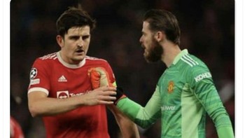 Berapa kali harus kuberitahu bahwa kamu adalah Harry Maguire, bukan Harry Kane? teriak De Gea pada Maguire. Foto: Twitter
