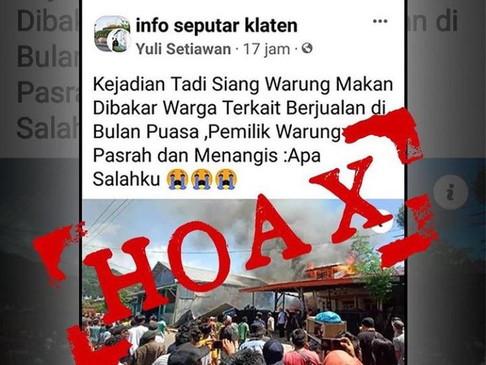 Polres Klaten nyatakan informasi warung dibakar hoaks, Minggu (10/4/2022).