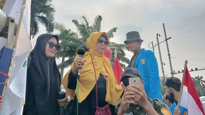 Bu Nunik berdemo di tengah massa mahasiswa (Karin/detikcom)