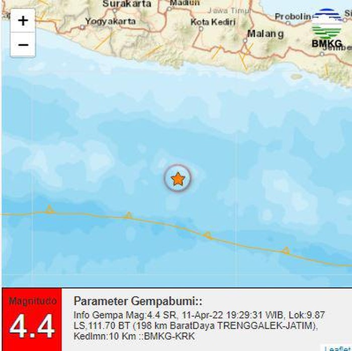 Gempa M 4,4 terjadi di Trenggalek. Gempa terjadi pukul 19.29 WIB