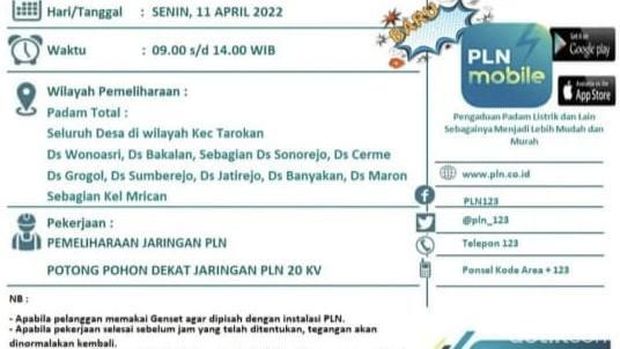 Pemadaman listrik di Kabupaten Kediri, Senin (11/4/2022)