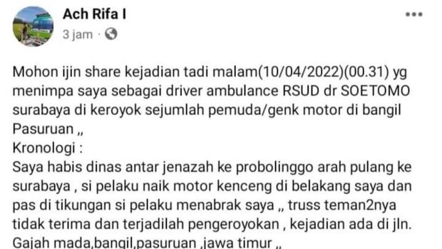 Sopir ambulans RSUD dr Soetomo dikeroyok di Bangil