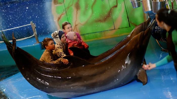 Atraksi Lumba-lumba Hibur Warga Ukraina yang Berlindung dari Perang Ukrainian families, who have fled Kherson amid the Russian invasion, watch a dolphin show at a hotel, in Odesa, Ukraine April 9, 2022. Picture taken April 9, 2022. REUTERS/Ueslei Marcelino TPX IMAGES OF THE DAY