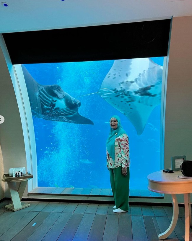 Ikan-ikan kecil hingga ikan pari pun terlihat dari kamar penginapan Titi Kamal dan keluarganya. Tak lupa untuk mengabadikan momen spesial tersebut, sang ibu pun tampak berfoto di depan akuarium bawah laut kamar hotel. Foto: Instagram/@titi_kamall