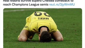 Real Madrid bertahan dari comeback luar biasa Chelsea untuk mencapai semifinal Liga Champions, tulis kantor berita Reuters. Foto: Twitter