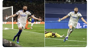 Benzema memang pawangnya Chelsea setelah mencetak hatrick di leg pertama. Foto: Twitter