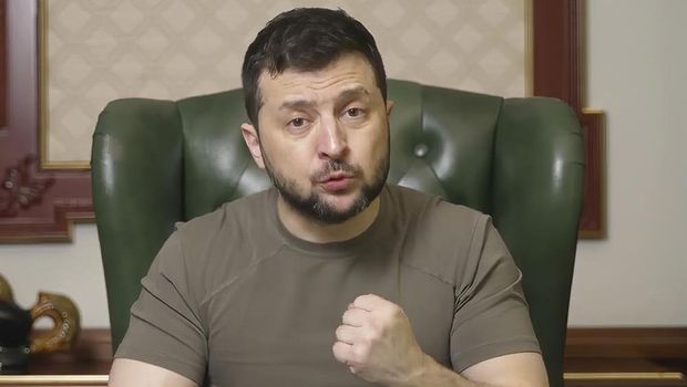 In this image from video provided by the Ukrainian Presidential Press Office, Ukrainian President Volodymyr Zelenskyy speaks from Kyiv, Ukraine, Tuesday, April 12, 2022. (Ukrainian Presidential Press Office via AP)