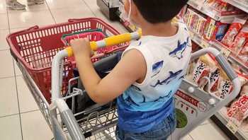Keranjang belanja ini punya tempat untuk anak-anak berdiri sementara orang tua mendorong.