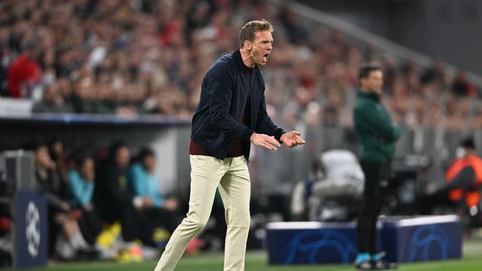 MUNICH, GERMANY - APRIL 12: Julian Nagelsmann, Head coach of FC Bayern Muenchen reacts during the UEFA Champions League Quarter Final Leg Two match between Bayern München and Villarreal CF at Football Arena Munich on April 12, 2022 in Munich, Germany. (Photo by Christian Kaspar-Bartke/Getty Images)