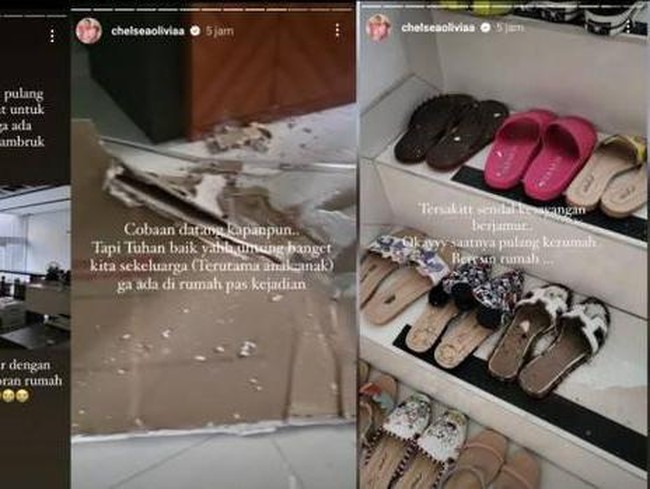Kerusakan rumah juga berdampak pada barang-barang koleksi Chelsea. Sandal-sandal kesayangannya digerogoti jamur. (Foto: Instagram/@chelseaoliviaa)