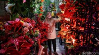 Umi, pedagang tanaman hias artifisial berpose di antara dagangannya. Menurut pedagang, pembeli biasanya mulai berdatangan saat H-7 Idul Fitri, pasalnya kebanyakan masyarakat telah mendapatkan Tunjangan Hari Raya (THR) yang biasa digunakan untuk membeli baju lebaran dan berbagai perlengkapan lainnya.