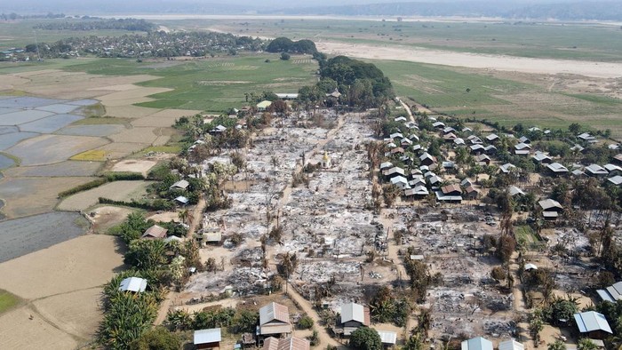 An aerial view of Bin village of the Mingin Township in Sagaing region after villagers say it was set ablaze by the Myanmar military, in Myanmar February 3, 2022. Picture taken February 3, 2022. Picture taken with a drone. REUTERS/Stringer