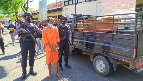 Tersangka pencurian I Putu Suartama, setelah diamankan Polres Jembrana. Diekspos ke media oleh Kapolres Jembrana AKBP I Dewa Gde Juliana, Jumat (25/4/2022)