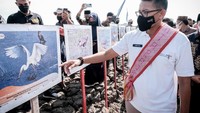 Sandiaga melihat potret burung-burung di Desa Wisata Cinta Raja, Langsa, Aceh.