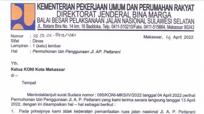 Surat BBPJN Wilayah XIII Makassar.