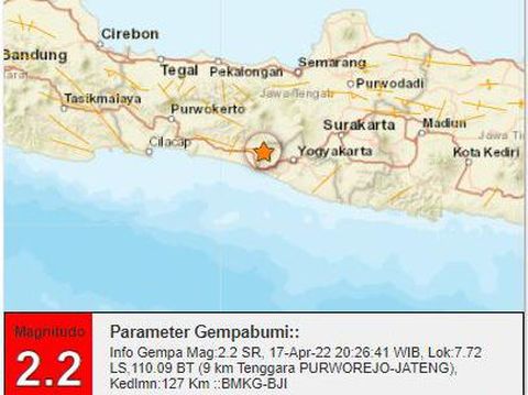 Gempa bumi magnitudo 2,2 di Kabupaten Purworejo, Jawa Tengah, Minggu (17/4/2022) malam.
