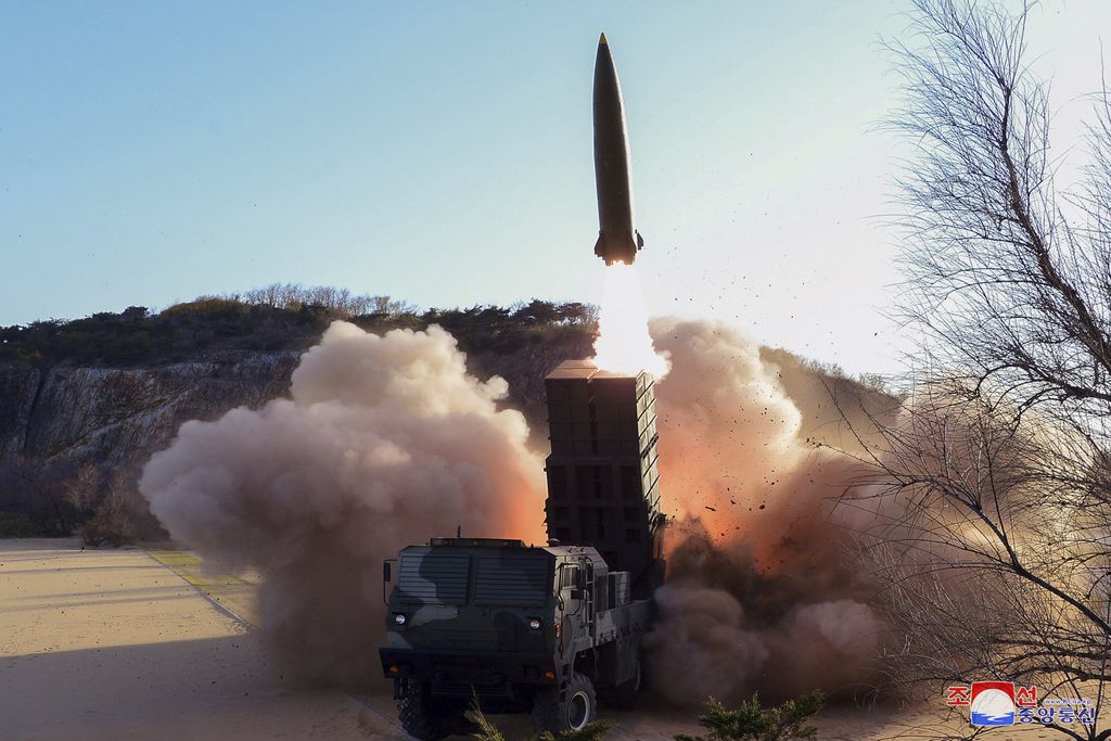 This undated photo provided Sunday, April 17, 2022, by the North Korean government shows a firing of a weapon an undisclosed location in North Korea. It said Sunday the country has successfully test-launched a newly developed tactical guided weapon. The official Korean Central News Agency said leader Kim Jong Un observed the launch. Independent journalists were not given access to cover the event depicted in this image distributed by the North Korean government. The content of this image is as provided and cannot be independently verified. Korean language watermark on image as provided by source reads: 