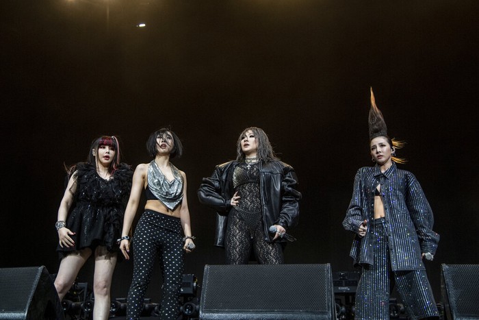EDS NOTE: OBSCENITY - Dara, from left, Park Bom, CL, and Minzy of 2NE1 perform at the Coachella Music & Arts Festival at the Empire Polo Club on Saturday, April 16, 2022, in Indio, Calif. (Photo by Amy Harris/Invision/AP)