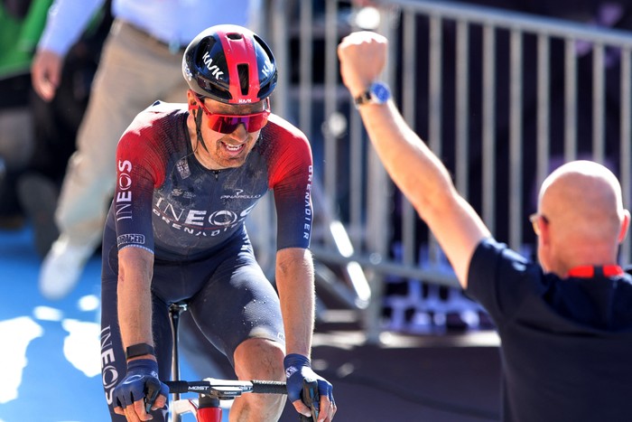 France Cycling Paris Roubaix Race winner, Netherland's Dylan Van Baarle, center, Wout van Aert of Belgium, left, second and Stefan Kung of Switzerland, third, pose on the podium after the Paris-Roubaix cycling race, a 257 kilometer (160 mile) one-day-race at the velodrome in Roubaix, northern France, Sunday, April 17, 2022. (AP Photo/Michel Spingler)