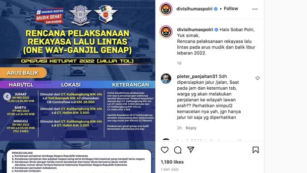 Rekayasa Lalu Lintas Arus Mudik dan Arus Balik (Tangkapan Layar Instagram)