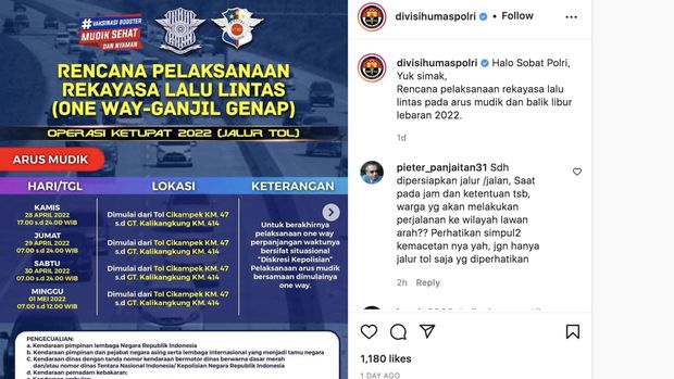 Rekayasa Lalu Lintas Arus Mudik dan Arus Balik (Tangkapan Layar Instagram)