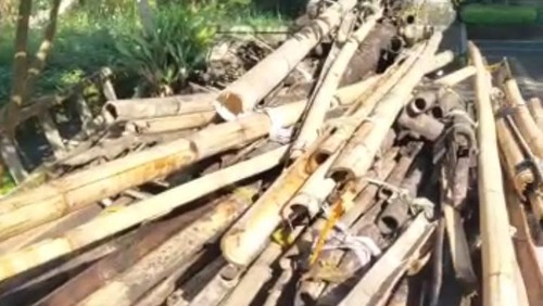 Sejumlah kayu dan bambu sisa upacara yang dibuang ke pekarangan Ketut Warka, warga yang disanksi kanorayang.