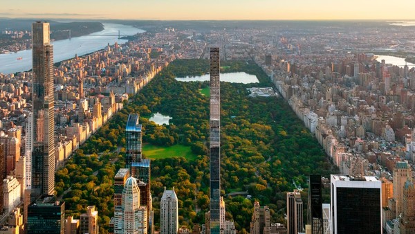 Gedung pencakar langit paling tipis di dunia telah selesai dibangun. Keberadaannya ikut mewarnai cakrawala Manhattan, New York City (Foto: CNN)